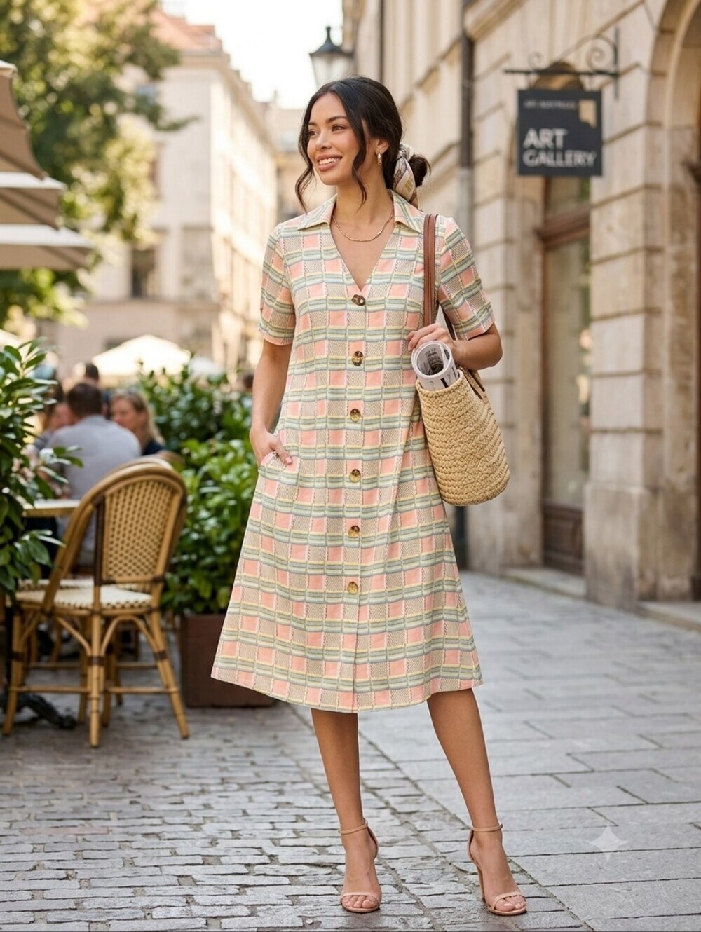 💕ST. JOHN💕 Melon Multi Plaid Short Sleeve Midi Shirt Dress Size 14 NWOT